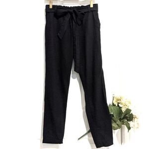 Awesome  Paperbag Black Ankle Pants Slim Legs Cotton Linen Blend